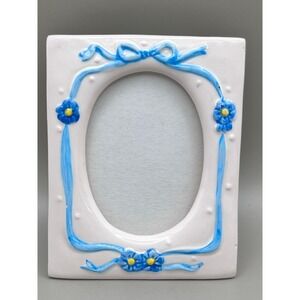 VTG Lillian Vernon Blue Floral Bow Porcelain Small Picture Frame- 2.75"‎ X 3.5"